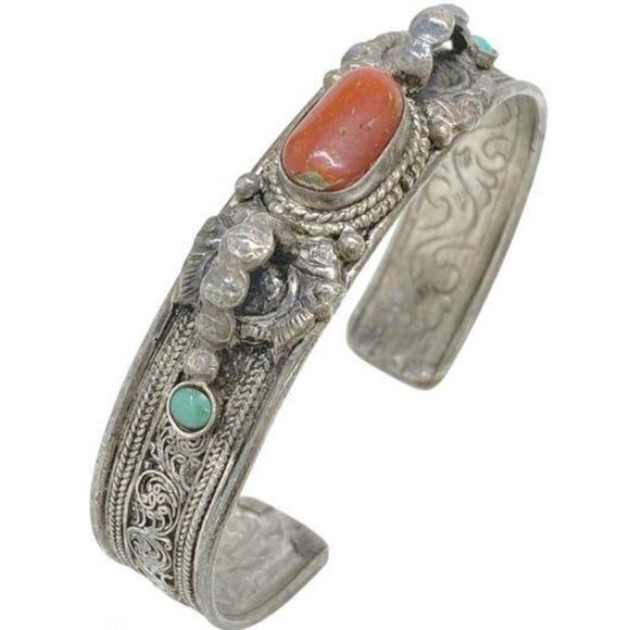 VTG Sterling Silver Turquoise Red Coral Cuff Bracelet- Ornate Design Adjustable - Picture 10 of 15